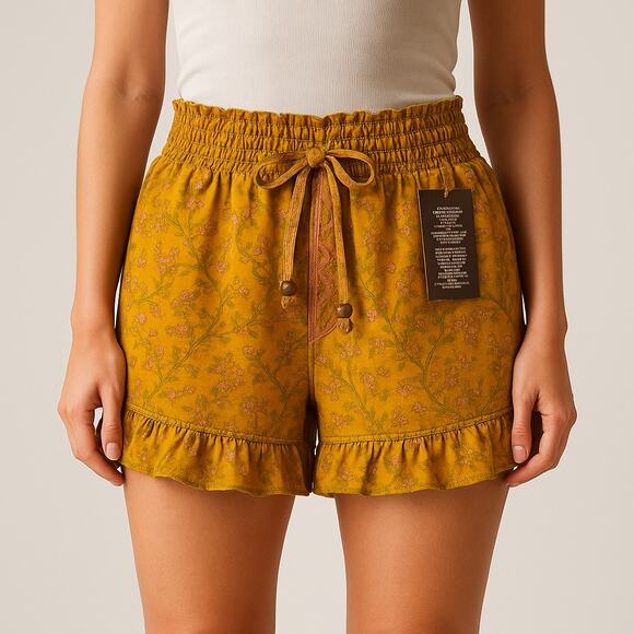 Bohemian Mustard Floral Junglee Billee Shorts with Pink & Green Accents - Picture 1 of 7